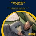 Homme dans un sac de couchage bleu foncé dans une tente, tenant un téléphone portable.