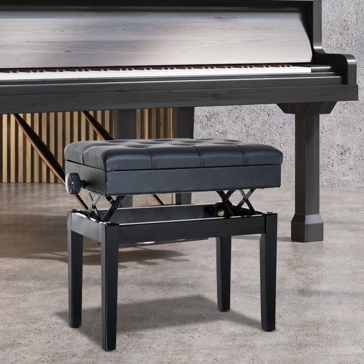 FloraGrace Pianobank – 54,5 x 33 x 48-58 cm – Met Opbergruimte En Hoogteverstelling – Voor Piano Of Kaptafel – Hout En Kunstleer – Zwart