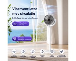 Staande Circulatieventilator met Afstandsbediening en Luchtbevochtiger - 4 Windsnelheden - Oscillatie 90°/120°/150° - Timer 3/6/9 uur - Verstelbare Hoogte - Wit