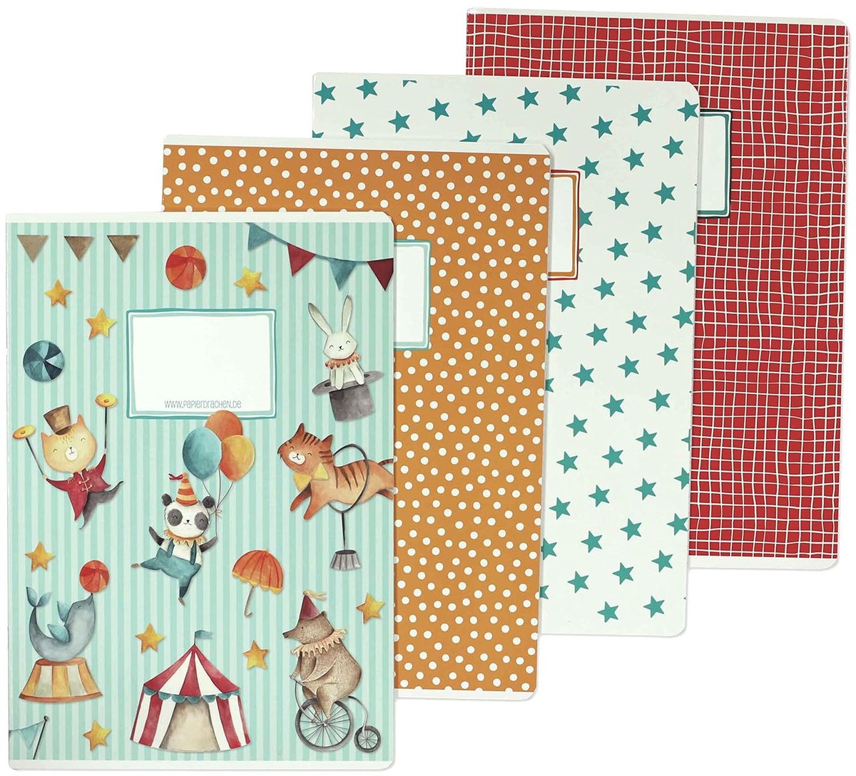 Thijox - Set van 4 hoogwaardige schriften DIN A4 voor kinderen - gelinieerd en geruit - 32 pagina's - vrolijk circus motief - perfect voor basisschool