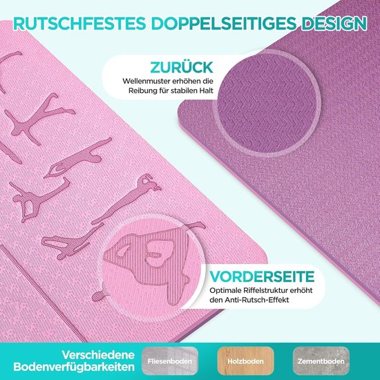 SnelShoppen - Yogamat TPE 6 mm Dik - Huidvriendelijke Antislip Gymnastiekmat - Pilates, Meditatie, Stretching Sportmat met Draagriem - 183 x 61 cm voo van Snelshoppen — afbeelding 3