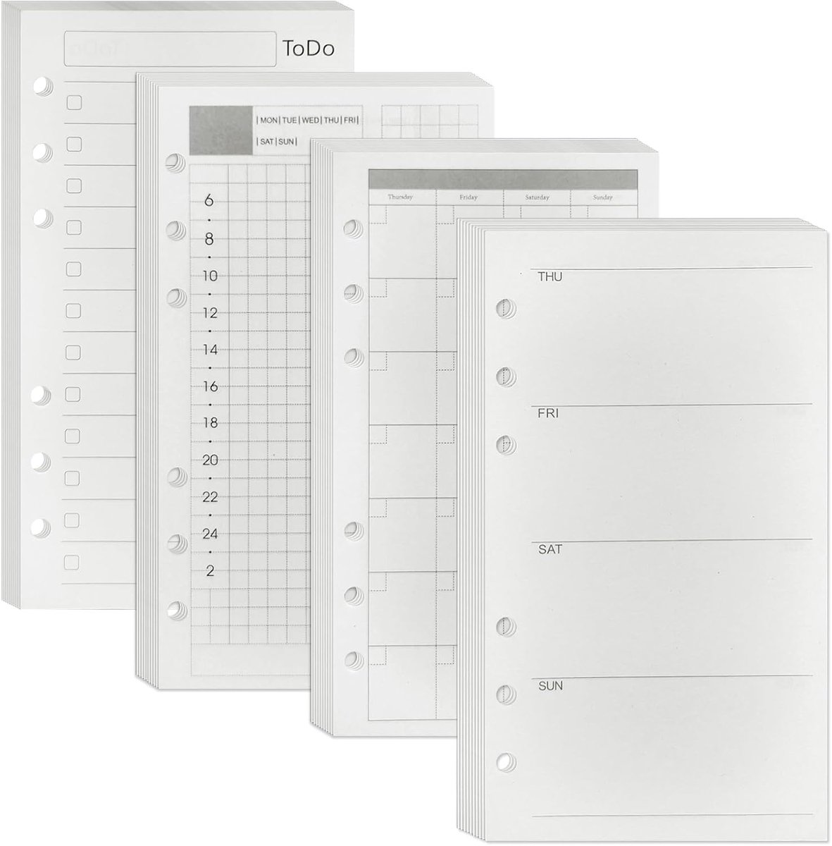 SnelShoppen - A6 Navulpapier 4-Pack Ongedateerd Dagelijks Wekelijks Maandelijks Takenlijst 6-Gaats Planner Inserts 180 Vellen 360 Pagina's 100g/m² Not