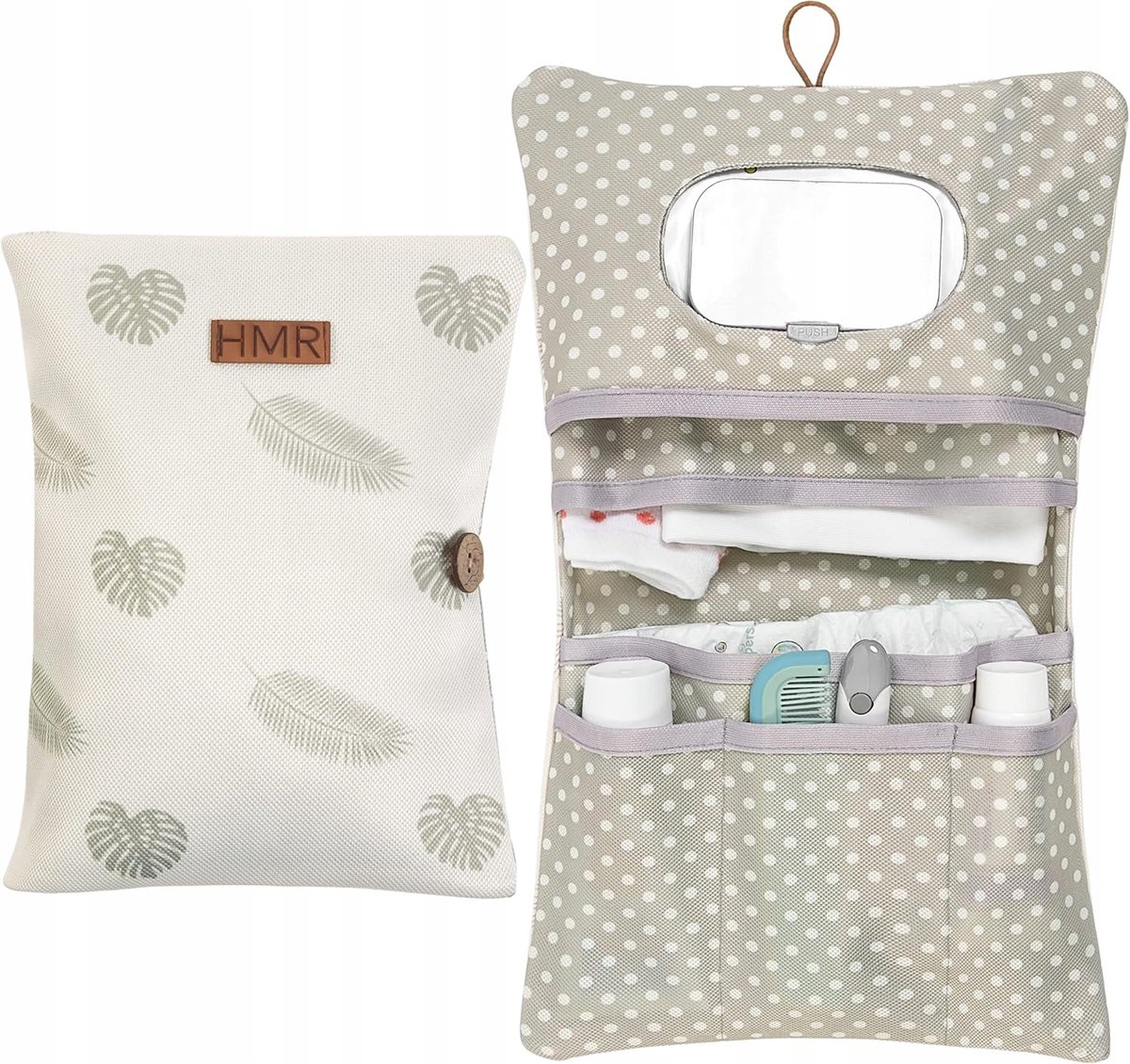 SnelShoppen - Luiertas Organizer & Make-up Tas 2 in 1 - Kleine Luiertas Voor Onderweg - Baby-organizer - Crème, Doekjes & Luiers - Stijlvol Leaves Pat