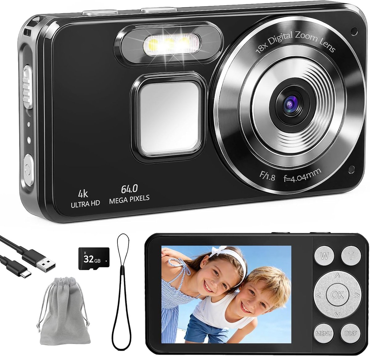 SnelShoppen - Digitale Camera 4K Fotocamera 64 MP Compact met 18x Digitale Zoom, 32 GB SD-kaart en Sleutelkoord voor Kinderen en Beginners