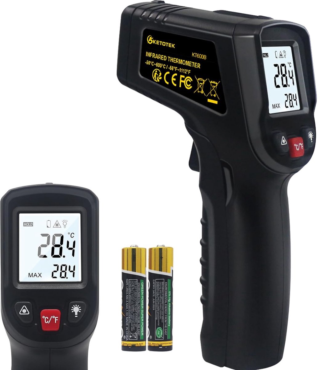 Infrarood Thermometer - Contactloze Meter - Temperatuur Meten - Instelbare Emissiviteit - 600 Graden Bereik - Zwart