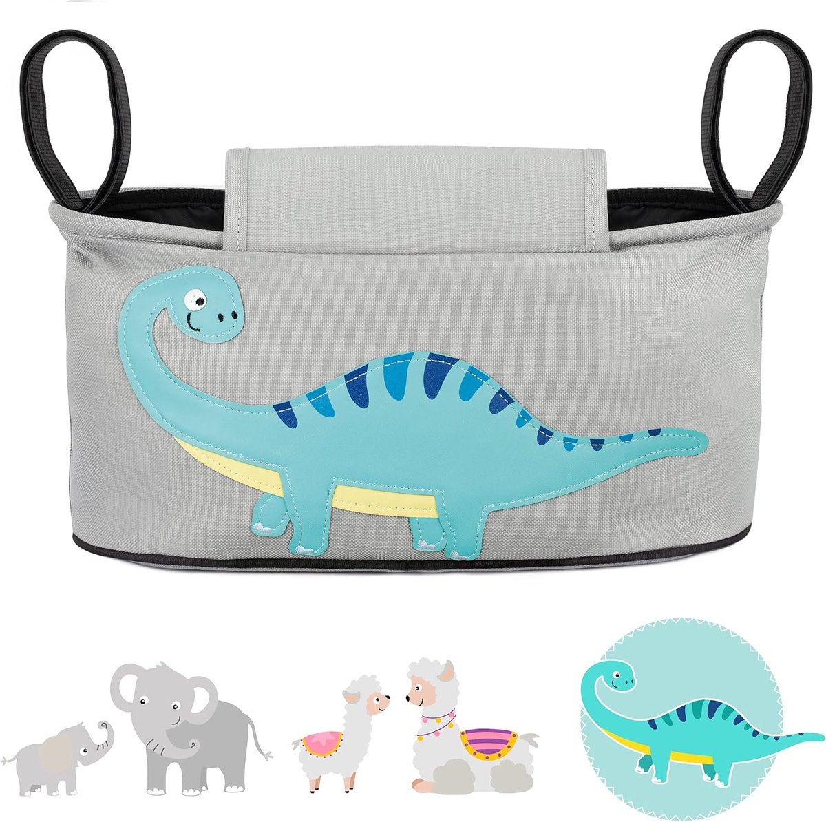 SnelShoppen - Kinderwagen Organizer Dinosaurus Grijs - 12 Motieven - Praktische Kinder Buggy Tas - Ruime Opbergtas met Disposer voor Vochtige Doekjes