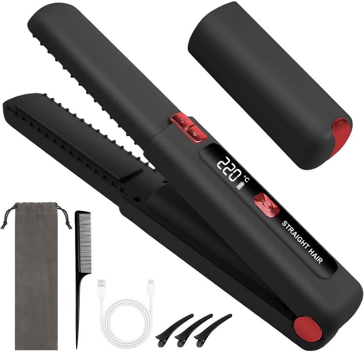 SnelShoppen - 2-in-1 Stijltang en Krultang Professioneel Keramiek Toermalijn Antistatisch LCD 160°-220° Snelle Verwarming met Kam en Clips Zwart voor