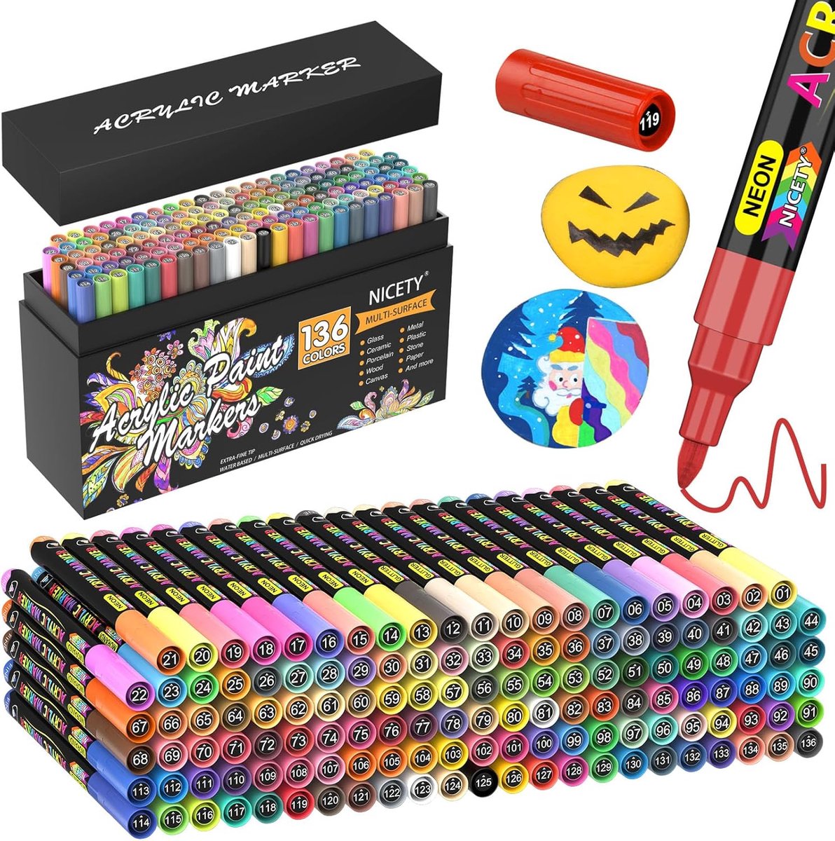 SnelShoppen - Acryl Stiften 136 Stuks 0.7mm Fijne Punt - Waterbasis Markers voor Steen, Hout, Glas, Keramiek & Papier - Genummerde Doppen voor Precisi