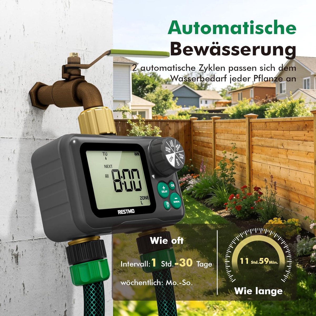 SnelShoppen - Bewateringscomputer 2 Zones met RF-Chip, Afstandsbediening, Automatische Irrigatie, Regenvertraging, Tuin, Buitenwaterkraan, Gazon, Tuin