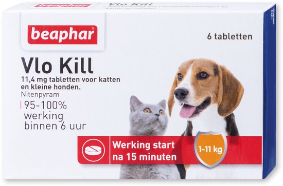 Doos Beaphar Vlo Kill 11,4 mg tabletten voor katten en kleine honden. 6 tabletten. Gewicht 1-11 kg. Werking start na 15 minuten.