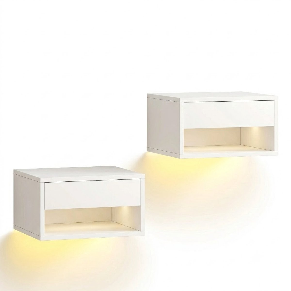 VIEMAE Nachtkastjes set van 2 - Zwevend nachtkastje - Wand nachtkastje - Nachtkastje - Met LED, lade, open vak - 37x32x21cm - Wit