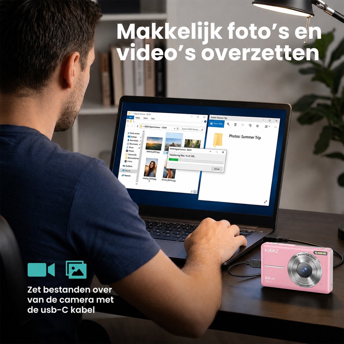 Kiekz Digitale Camera 64MP - Fotocamera Full HD - Mini Camera - Compact Camera - Fototoestel - Autofocus - Ideaal voor Kinderen en Beginners - Inclusief 32GB SD Kaart - Roze thumbnail 3
