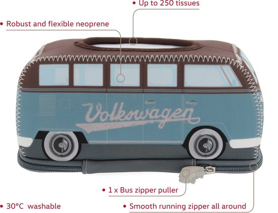 BRISA VW Collection - Volkswagen neopreen cosmetische servetdispenser-papieren zakdoekjes-tissuebox voor in de badkamer in T1 Bulli Bus-design (bruin)
