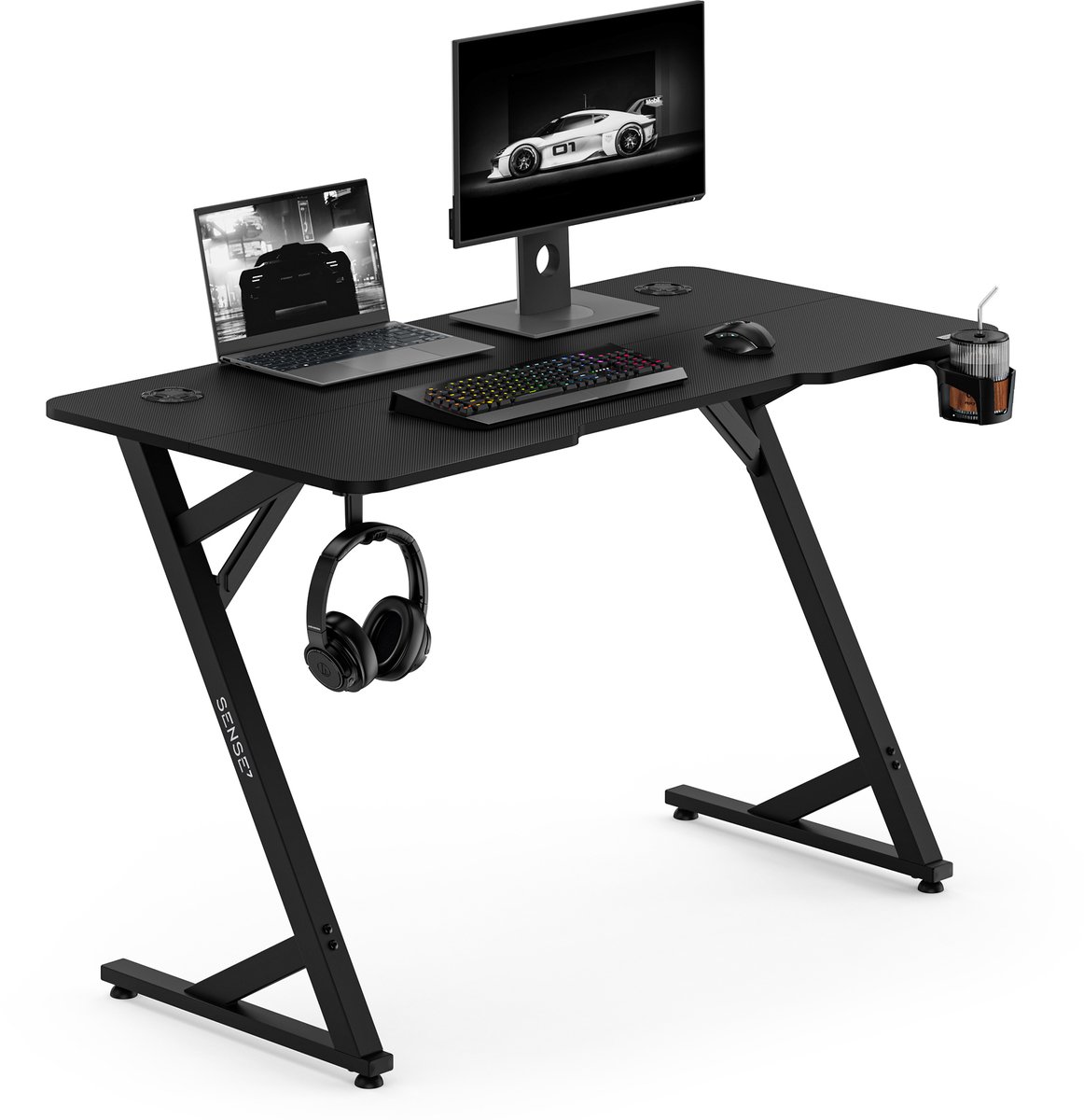 SENSE7 VAMO - Gaming Bureau - 120x60cm - Bekerhouder & Koptelefoonhaak - Computertafel - Zwart Carbon
