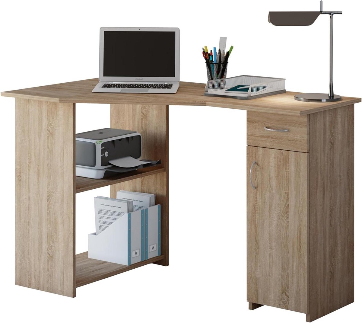 Hoekbureau Lade - Computerbureau Werkplek - Thuiswerken Organiseren - Veel Opbergruimte - 118 cm Breed - Sonoma Eik