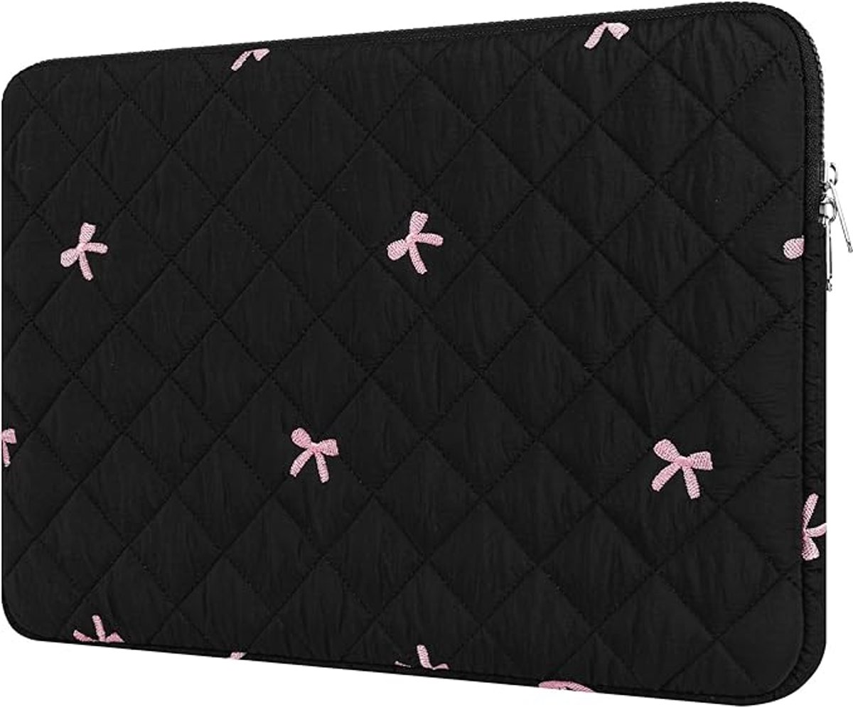 Laptophoes - Compatibel met 13-14 Inch - Dubbele ritssluiting - Laptoptas met Geborduurde Strikjes - Schokbestendig - Krasbestendig - Beschermhoes - Zwart