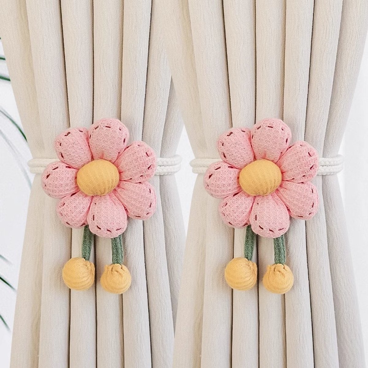 Gordijnhouder - Gordijn Embrasse Modern - Gordijnbinder Touw - Zevensterrenbloem Gordijnbinders - Verstelbaar Lint - Bloem Ook Als Broche - 45cm - Geen Boren - Voor Woonkamer/Slaapkamer - Thuis/Huurwoning - Licht Roze - 45cm Per Stuk - 2 Stuks