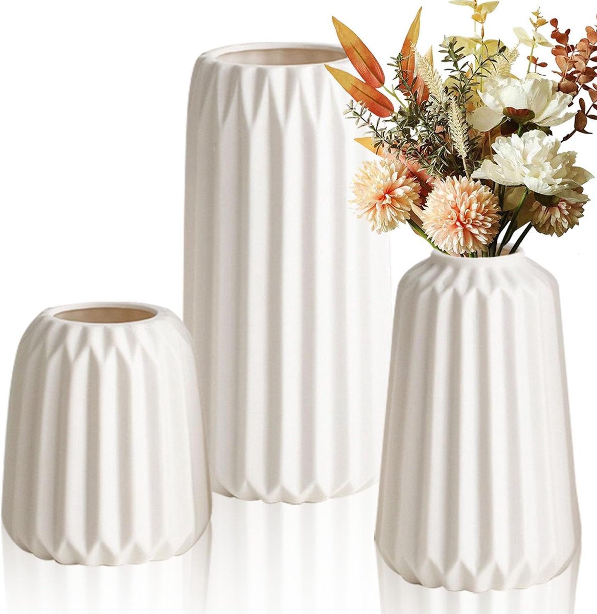 SnelShoppen - Set van 3 Boho Vazen, Keramische Vazen, Moderne Decoratie, Zwarte Bloemenvazen voor Pampasgras, Kleine Vazen voor Woonkamer, Tafel en Ve