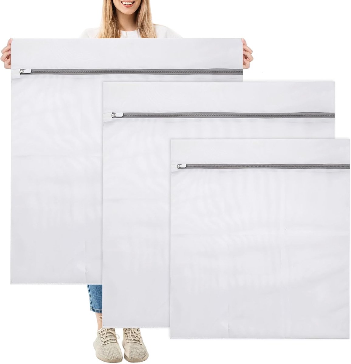 SnelShoppen - 3 Stuks Wasnet voor Wasmachine 50 x 60 cm + 80 x 90 cm - Fijne Mesh Polyester Waszakken met Verborgen Rits voor Dekens, Jassen, Gordijne