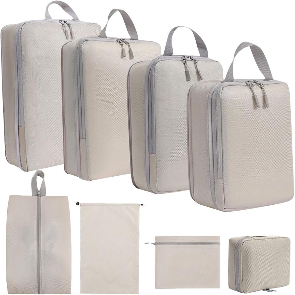 SnelShoppen - Compressie Packing Cubes Set van 8 Stuks - Koffer Organiser met Schoenentas, Waszak, Digitale Tas, Beige, Ruimtebesparend voor Reizen, P