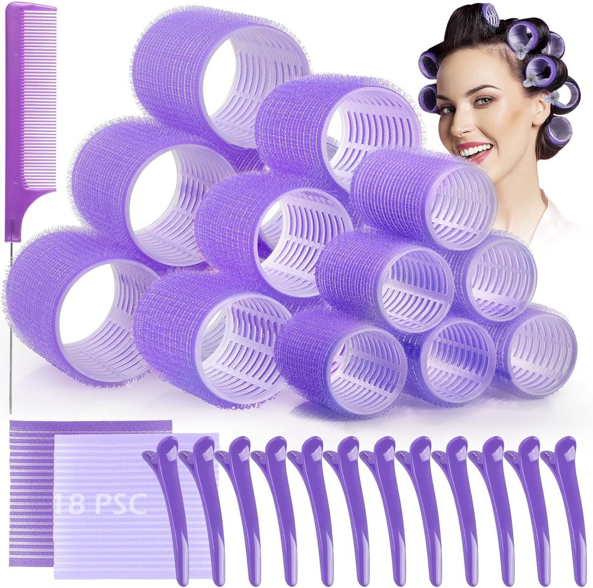 SnelShoppen - Zelfklevende Haarrollers Set 33 Stuks - 3 Maten (44mm, 36mm, 25mm) - Duurzame Haarstyling zonder Hitte - Inclusief 12 Clips voor Stijlvo