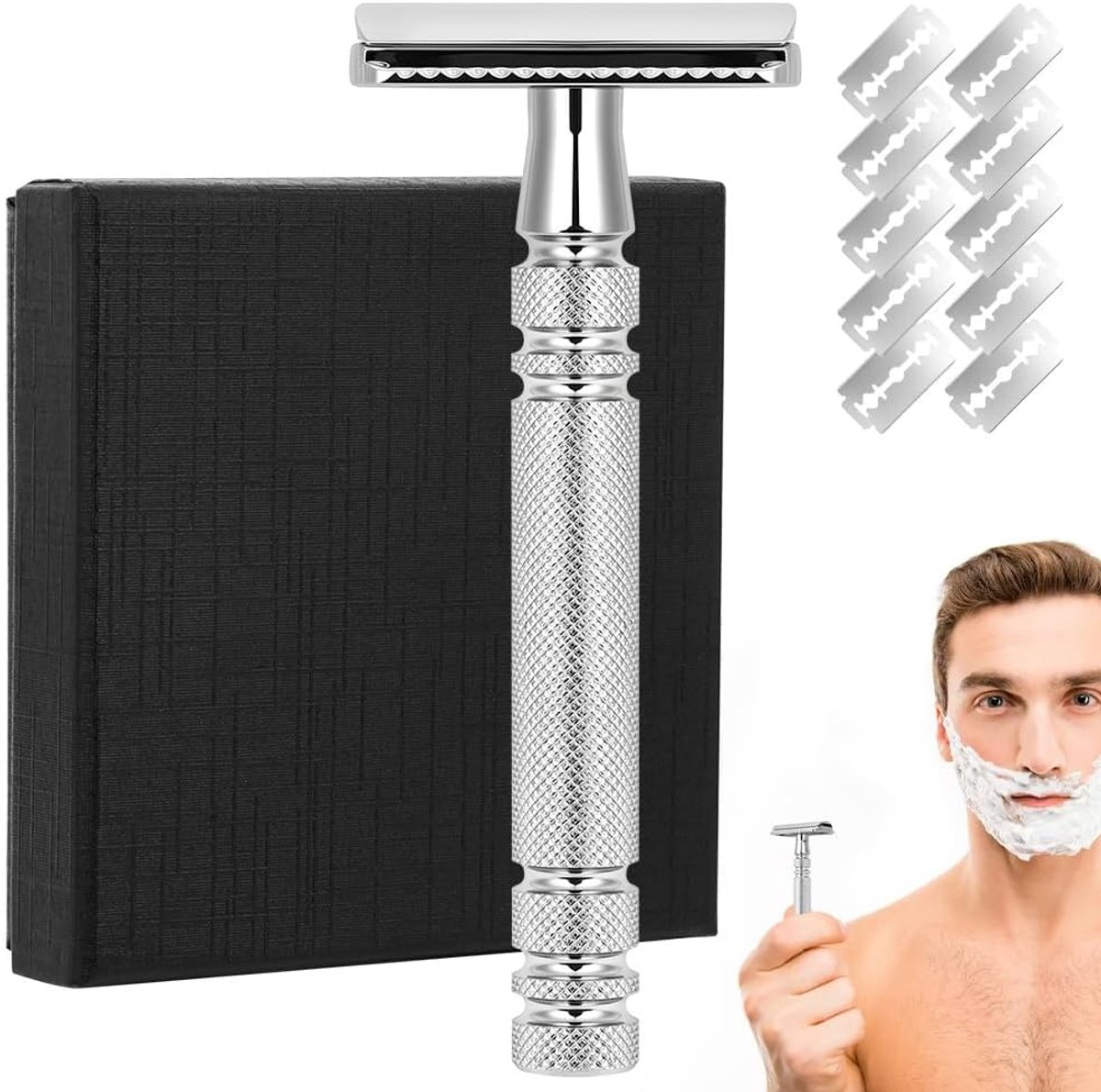 SnelShoppen - Premium Veiligheids Baardtrimmer met 10 Waterdichte Bladen, Multigroom Wet Shaver voor Mannen, Ergonomisch Design, Zwart - Perfect voor