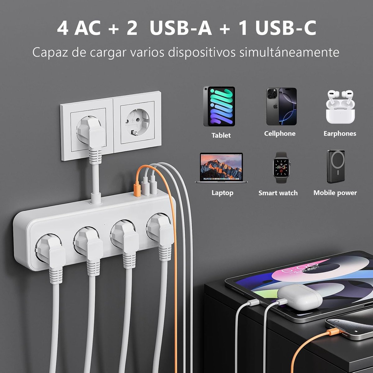 SnelShoppen - Power Strip met 4 Stopcontacten en 3 USB Poorten, 3840 W, Korte Kabel voor Thuis, Kantoor, Keuken - Wit