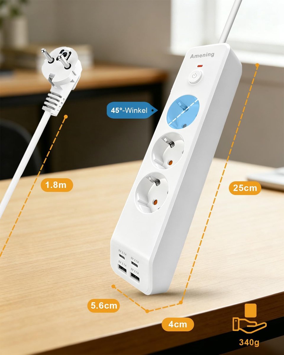 SnelShoppen - Power Strip 4 USB Poorten Wandmontage 3 Weg Stekkerdoos met Schakelaar, USB C en A, Verlengsnoer 1.8M, Wit, Multifunctionele Stekkerdoos