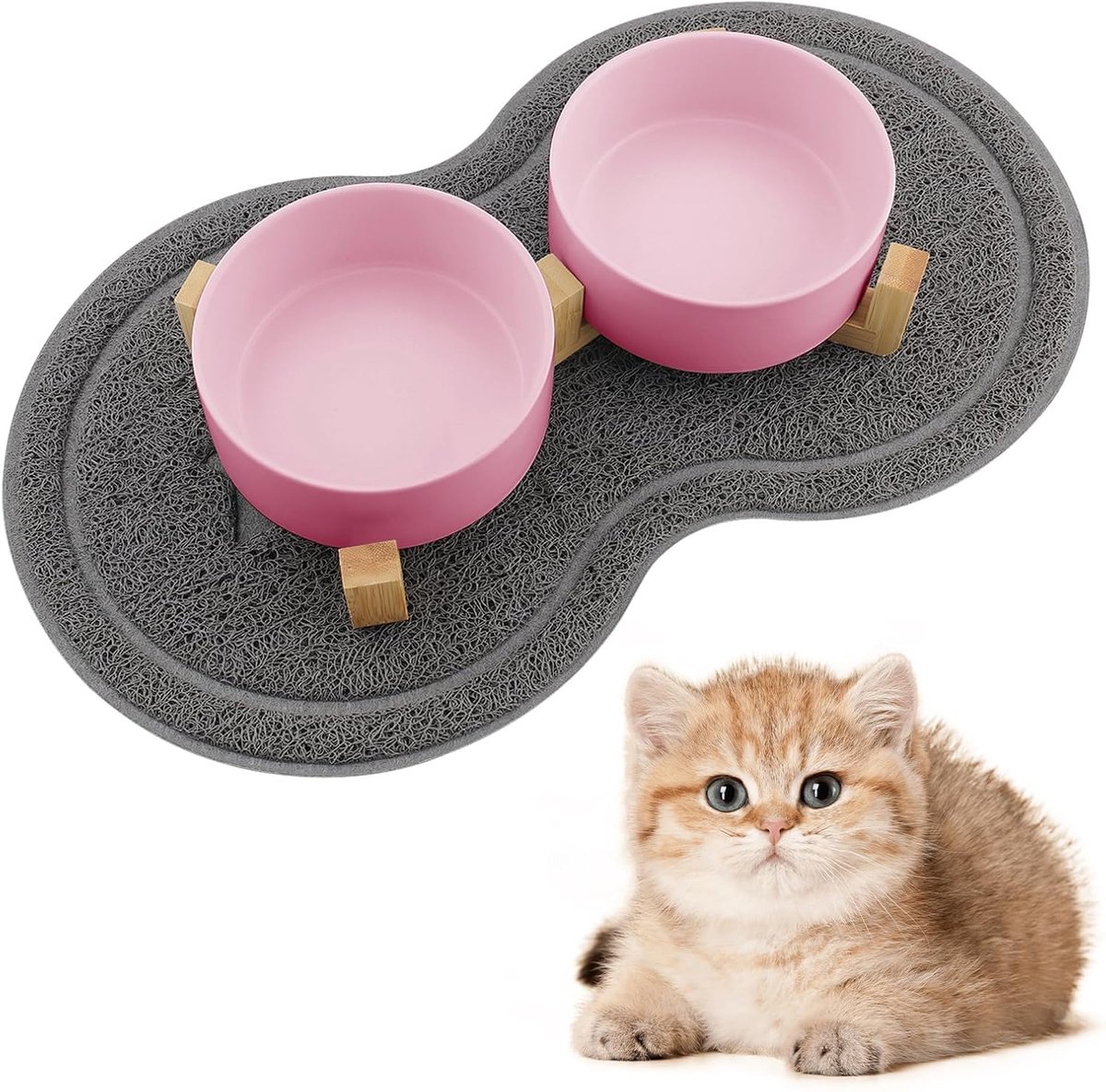 SnelShoppen - Cat Bowl Keramisch met Houder - 400 ml Voer Dispenser met 2 Schalen - Geschikt voor Katten van Alle Maten en Puppies - Roze