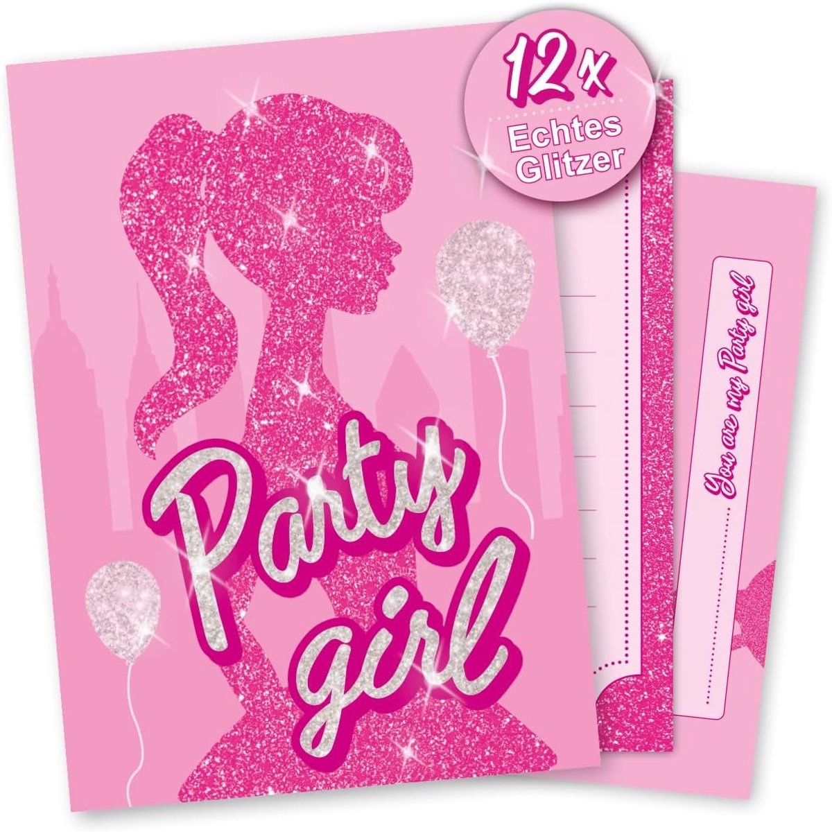 SnelShoppen - Uitnodiging Kaarten BEAUTY PARTY met Echt Glitter • Roze • Voor Meisjes, Kinderfeestjes en Logeerpartijen • 12 Kaarten + 12 Enveloppen i