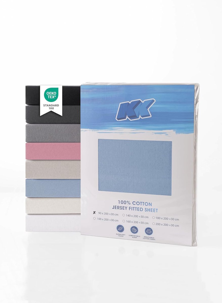 SnelShoppen - Jersey Fitted Sheet 100% Katoen, Elastisch, Zacht, Ademend, Onderhoudsvriendelijk, Oeko-Tex Standaard 100, Lichtblauw, 90x200+30 cm