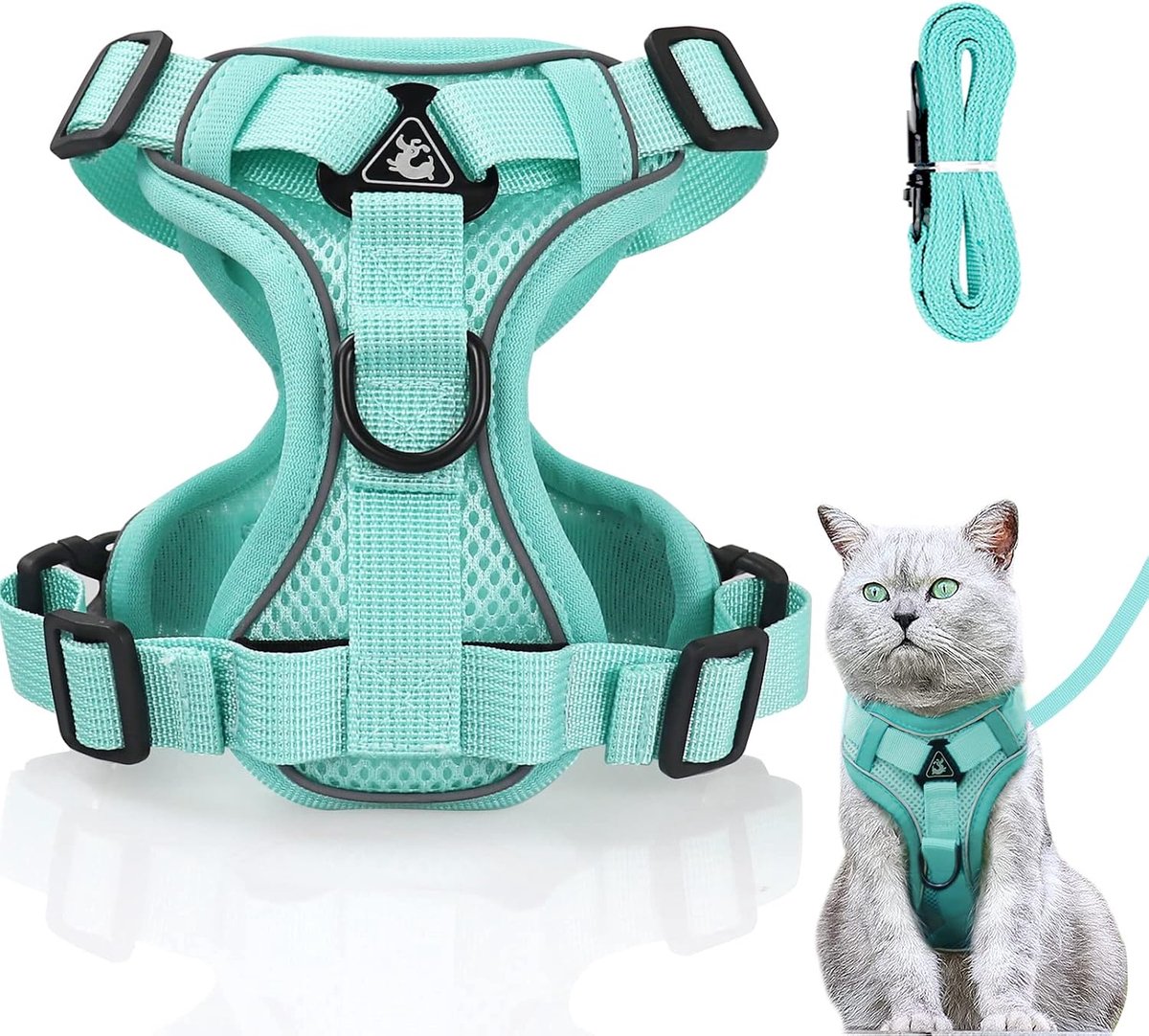 SnelShoppen - Verstelbare Kattenharnas Antivlucht met Leash, Zacht Harnas voor Katten, Kittens, Honden en Puppies (Muntgroen, M)