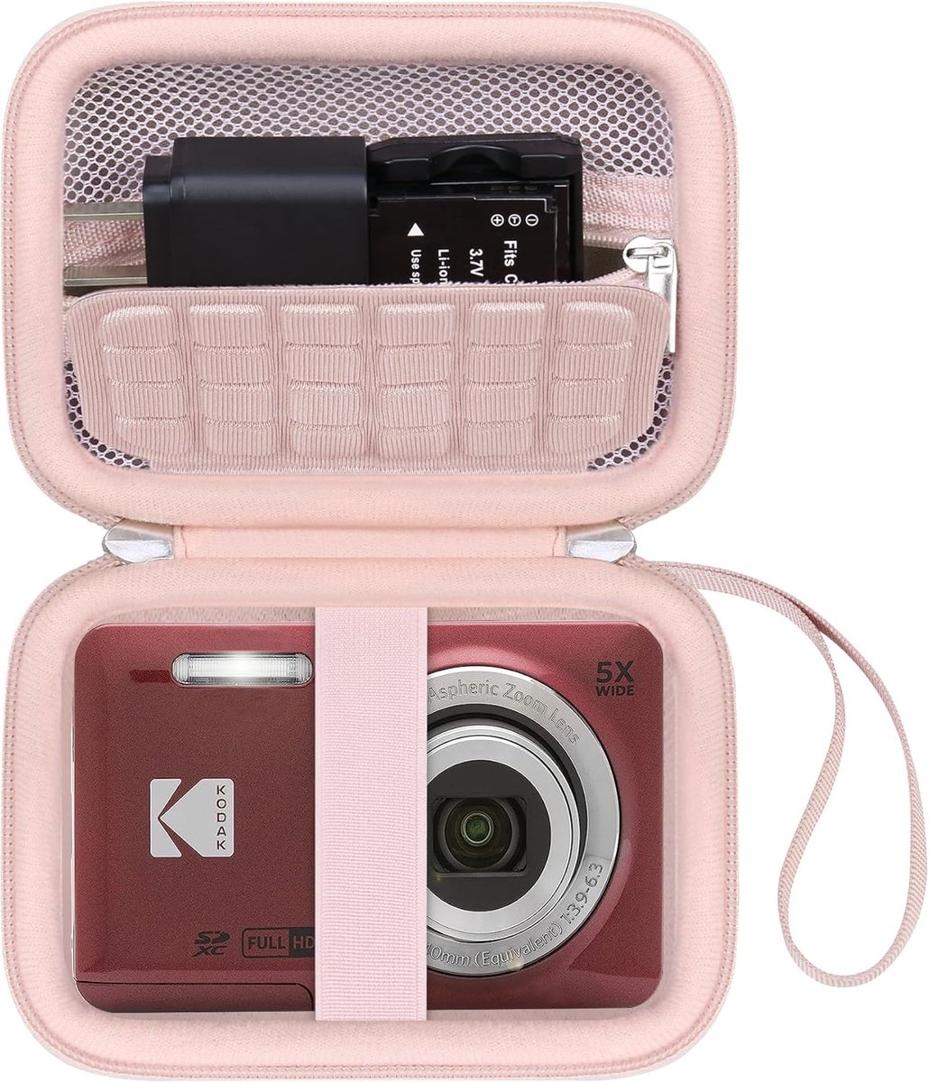 SnelShoppen - Hard Case voor Digitale Camera, Geschikt voor 16MP Zoomcamera's, PU Materiaal, Roze, Inclusief Zipper Mesh Pocket voor SD Kaart en Acces
