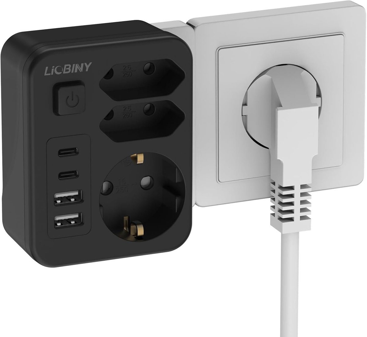 SnelShoppen - Dubbele Stekkerdoos met 4 USB-poorten, 7-in-1 Multistekker met Schakelaar, 3680W, 16A Stekkeradapter voor Thuis, Kantoor, Camping en Rei