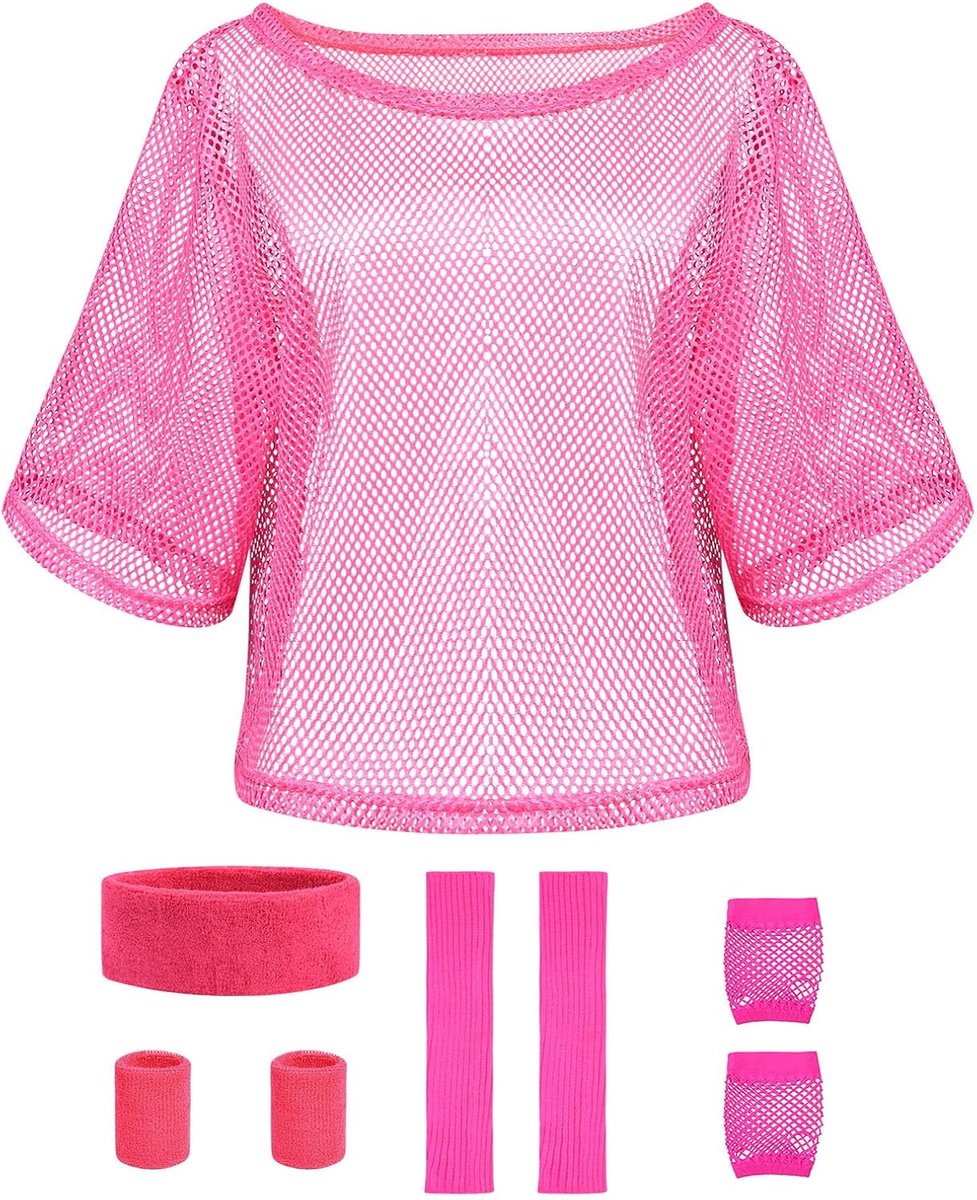 SnelShoppen - 80s Neon Dress Up Kostuum Accessoires Set - 4-delig Retro Themapartij Outfit met Neon Visnet T-shirt, Legwarmers, Visnet Handschoenen en
