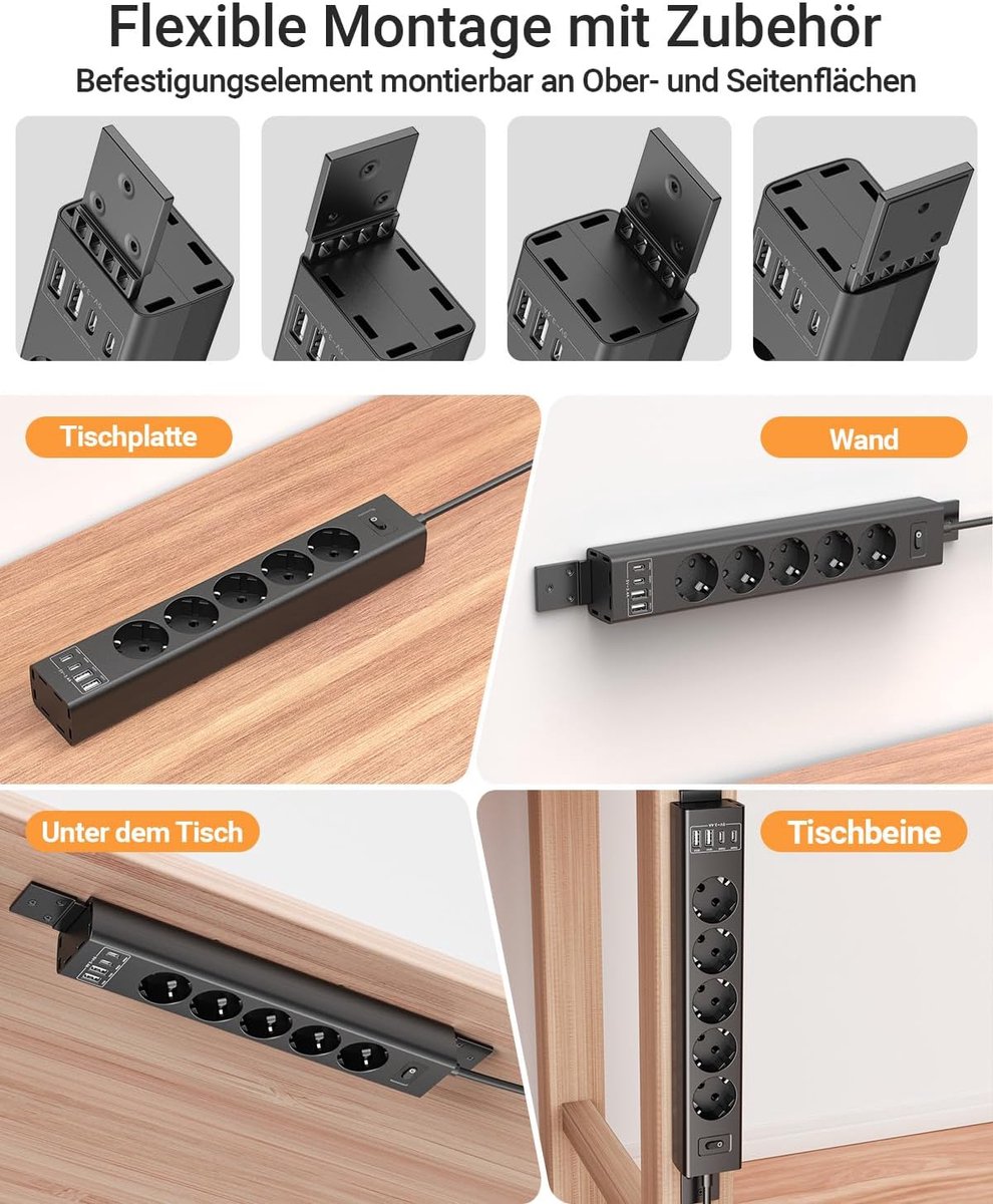 SnelShoppen - Power Strip met Draaiende Montage, 5 Stopcontacten + 4 USB Poorten (PD20W), 2 m Verlengsnoer, 4000W Overspanningsbeveiliging - Onder Taf