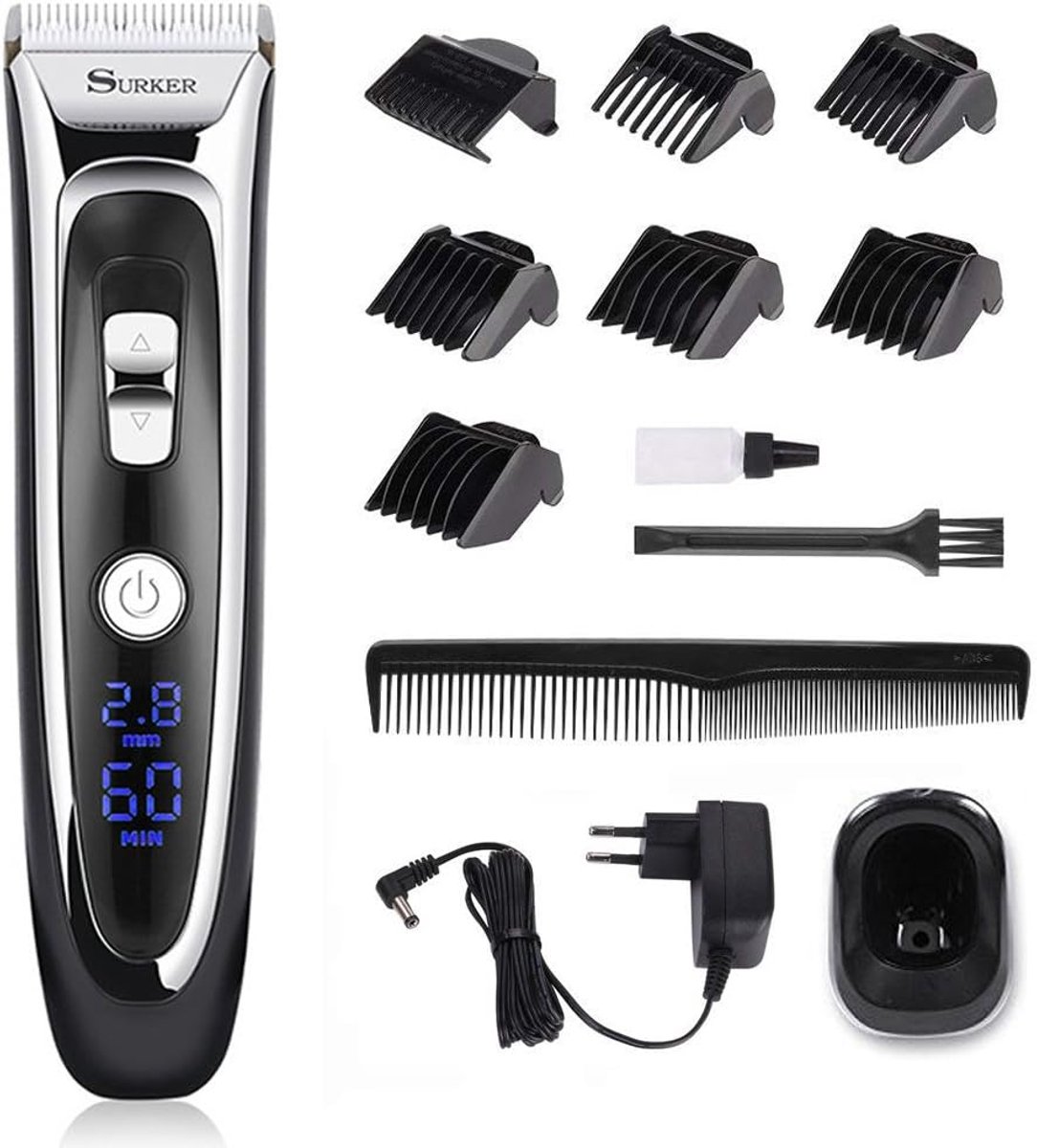 SnelShoppen - Elektrische Precisietrimmer met Titanium Keramisch Mes, LED Display, Oplaadbare Lithium Accu, 7 Lengteopzetstukken, Zwart/Zilver voor He