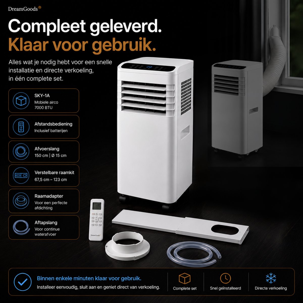 DreamGoods Mobiele Airco - 7000 BTU - 3-IN-1 Airco met Afvoerslang - Verkoelen, Ventileren & Ontvochtigen - Airco voor Slaapkamer - Airconditioning met Raamafdichtingskit — afbeelding 6