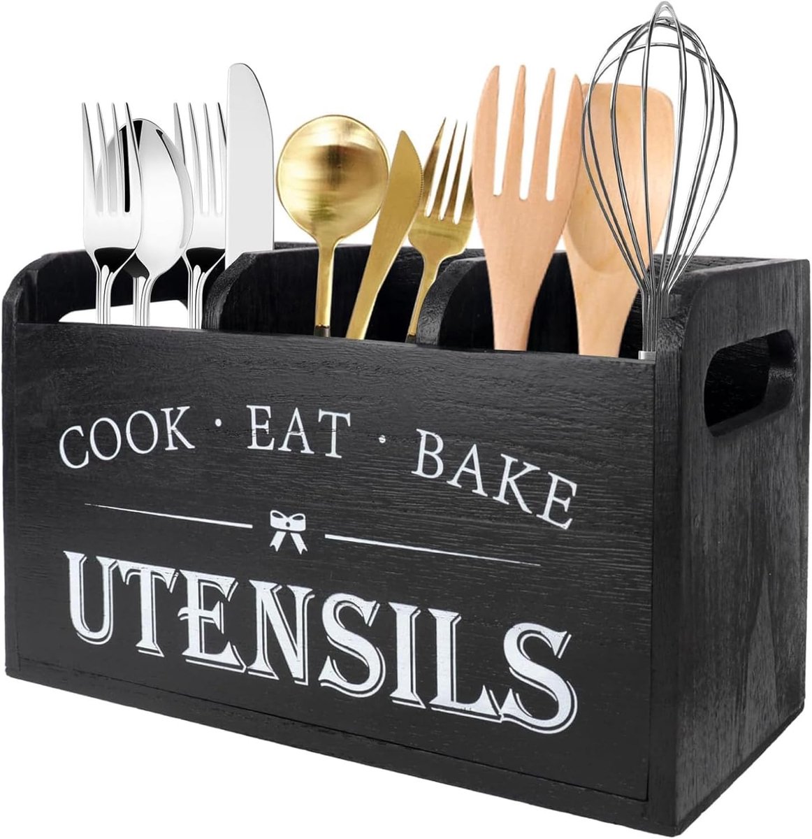 SnelShoppen - Houten Keuken Gereedschap Houder met 3 Compartimenten en Afvoerende Bodem, Organiser voor Kookgerei, Ruimtebesparend, Zwart, Perfect voo