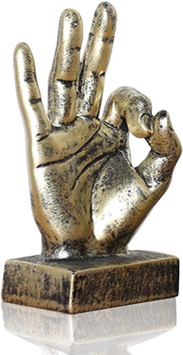 SnelShoppen - Lependor Hand Sculpture Decor Finger Statue - Creatieve Resin Desk Decoraties voor Thuis en Kantoor - Gouden OK Vingers - 8.5 x 6 x 15 c