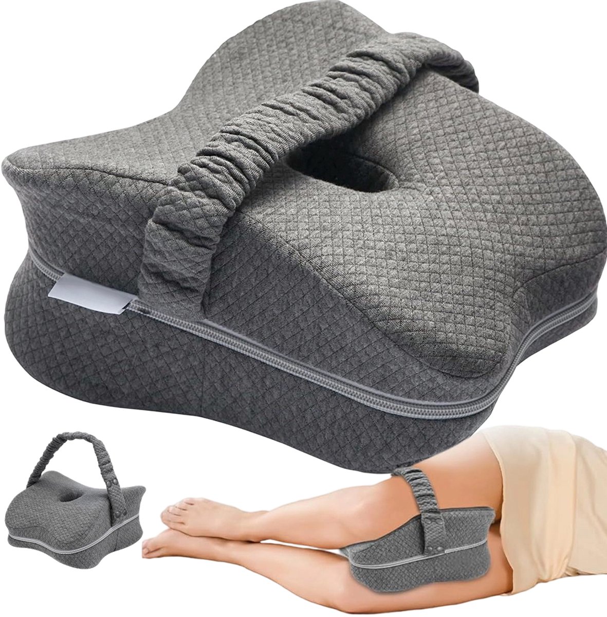 Orthopedisch Kniekussen met band - Kniekussen voor in bed - traagschuim - vlindervorm - ergonomisch - 2 kussenslopen - voor zijslapers - ondersteunt bekken en rug