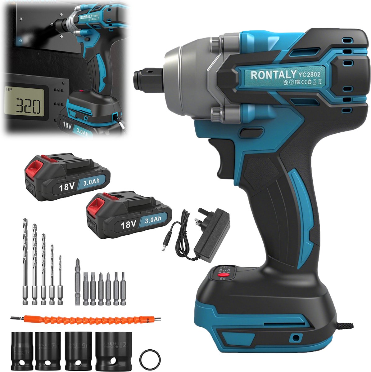 Borstelloze 18V Accu‑slagmoersleutel, 320 Nm, 2‑stuks accu’s van 3,0Ah, EU‑oplader en complete accessoires‑set voor autoreparatie en bouwklussen