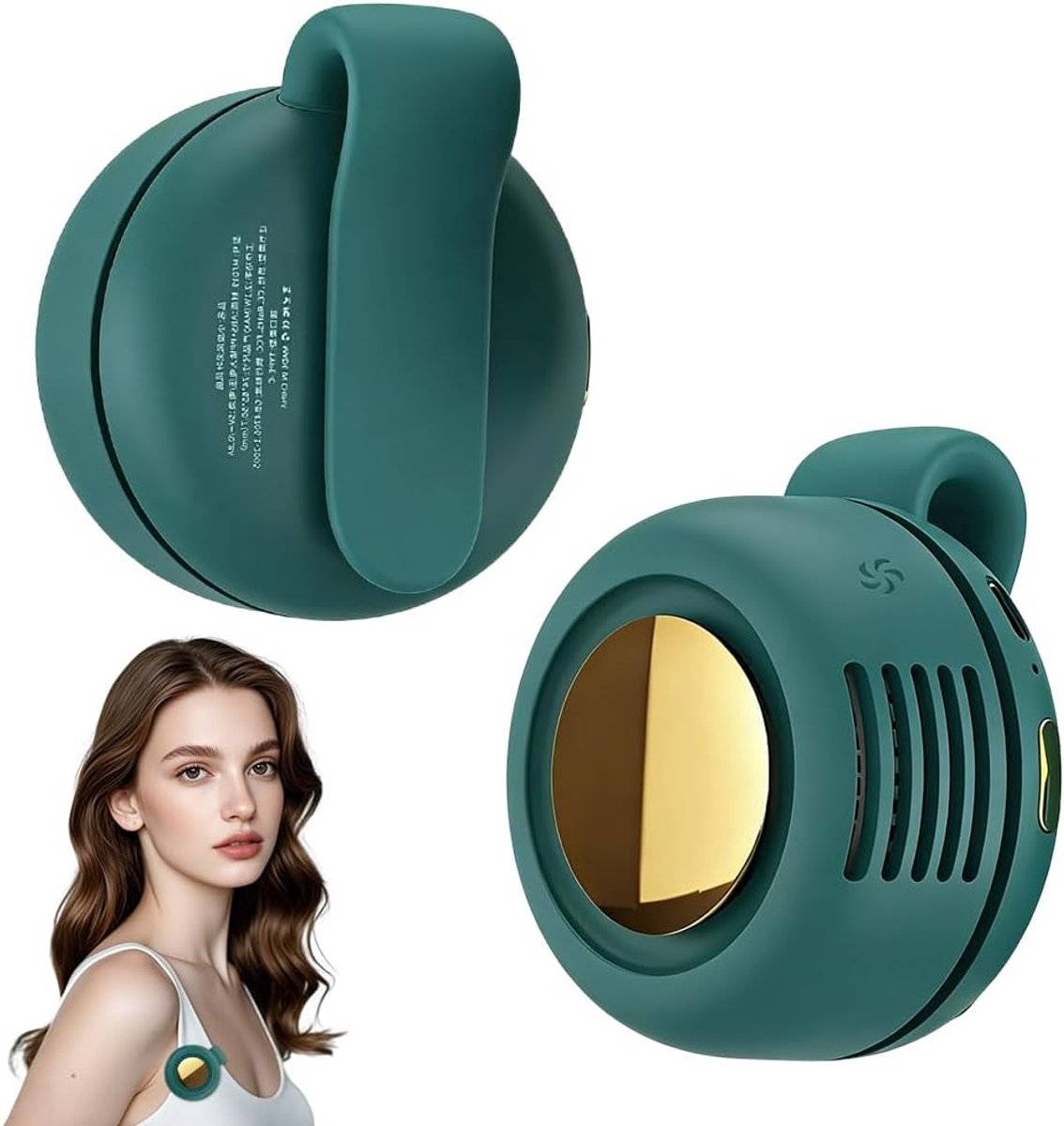 Wandventilator – Draagbaar – Mini – Bladloze clipventilator – Stil – Drie windsnelheden – 360° draaibaar – USB-opladen – Kan aan kleding worden bevestigd – Compact en draagbaar – Groen