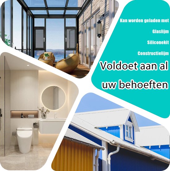 Collage toont toepassingen van het kitpistool: een glazen serre, een badkamer en een huisgevel.