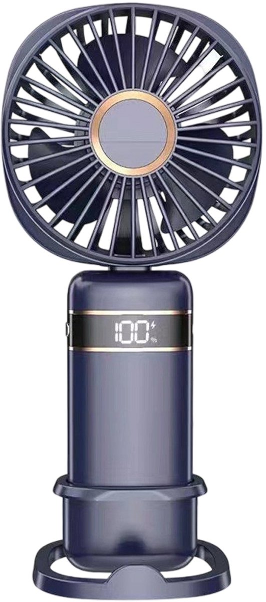 Draagbare mini-ventilator met 5 snelheden en digitaal display – oplaadbaar via USB, inclusief standaard; geschikt voor thuis, kantoor, reizen en buiten