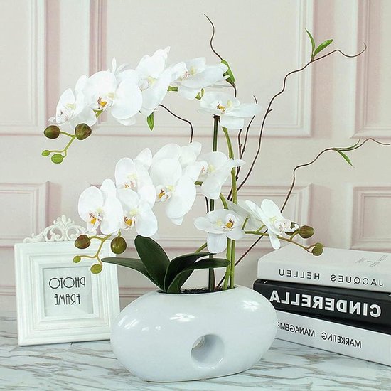 Kunstorchideeën met Vaas - Zijden Bloemen - Huis Decoratie - Inclusief Keramische Vaas - 20 Inch Hoog - Roomwit