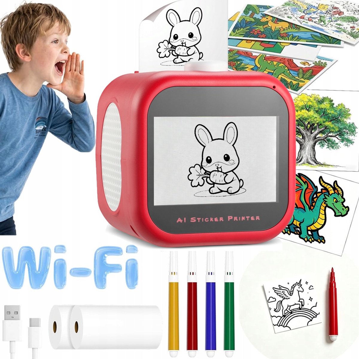 AI Stemgestuurde Stickerprinter Rood – 3,5" Touchscreen, WiFi, Zonder Inkt – Spreek & Print Unieke Kleurplaten – Educatief Speelgoed voor Kinderen (3-12 jaar) – Incl. 6 Rollen BPA-vrij Papier & 4 Stiften – Geen App Nodig