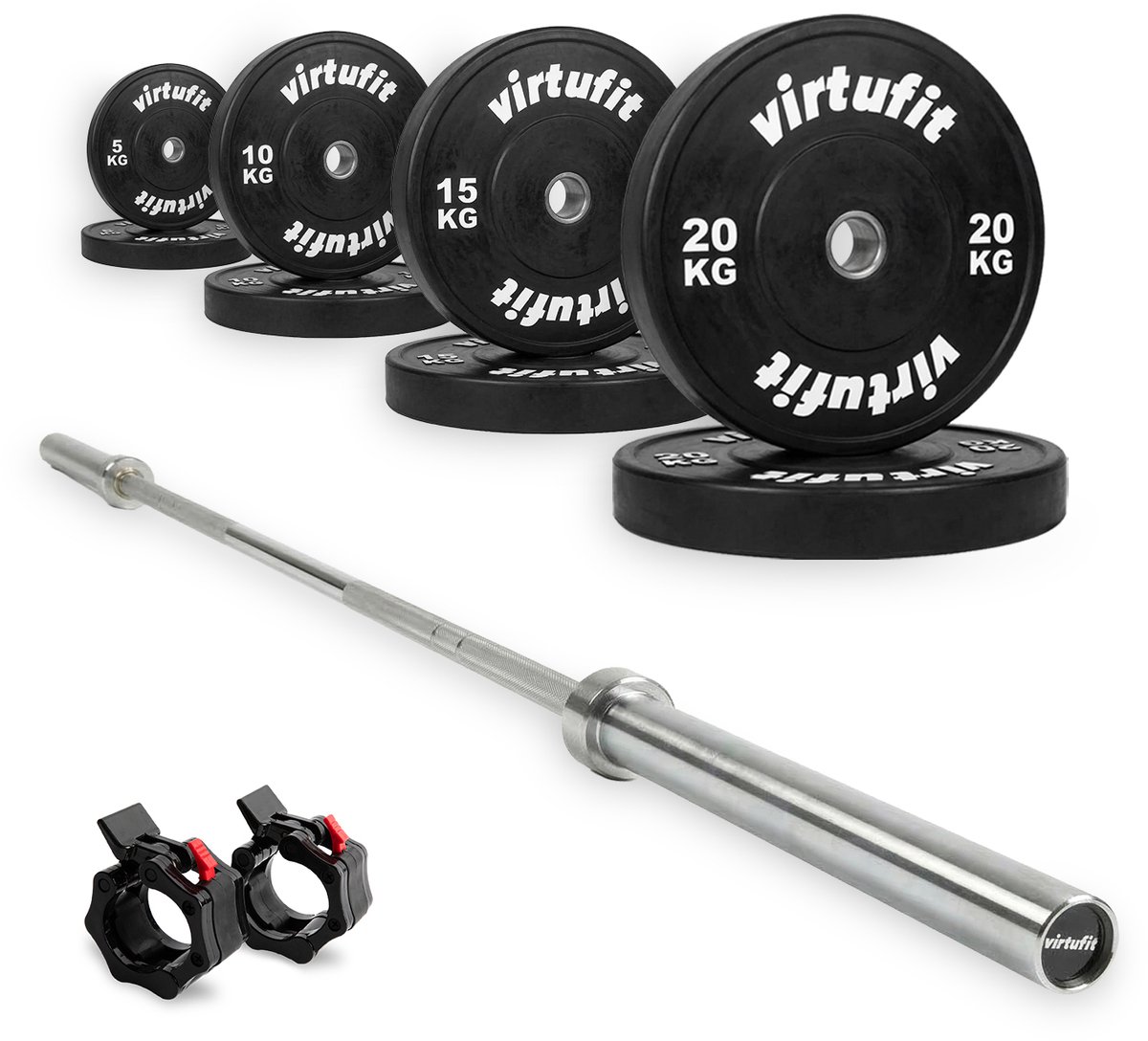 VirtuFit Olympische Bumper Plate Halterset - 120 kg - Volledige set - Incl. Halterstang, Halterschijven en Veerclipsluitingen