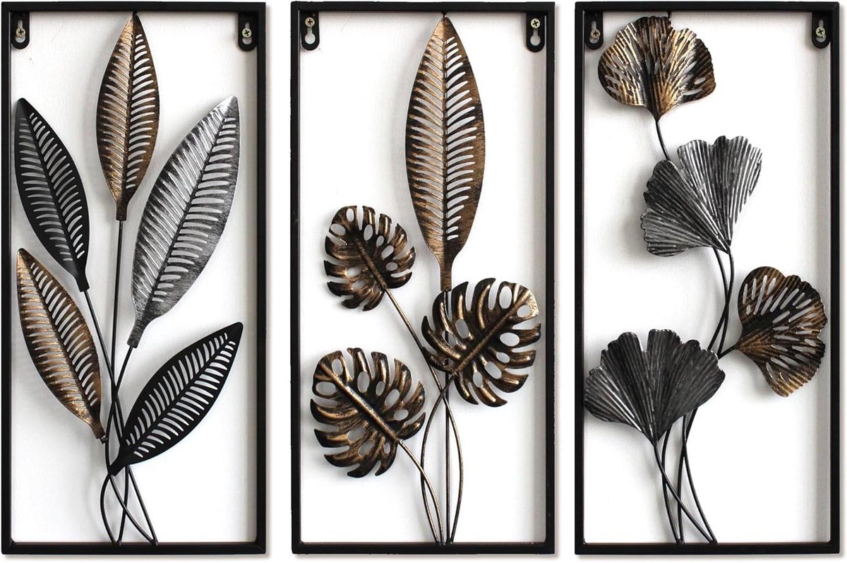 Set Wanddecoratie - Metaal Bladeren - Huis Verfraaien - Drie Delig Ontwerp - 17 Inch Hoog - Brons Zilver