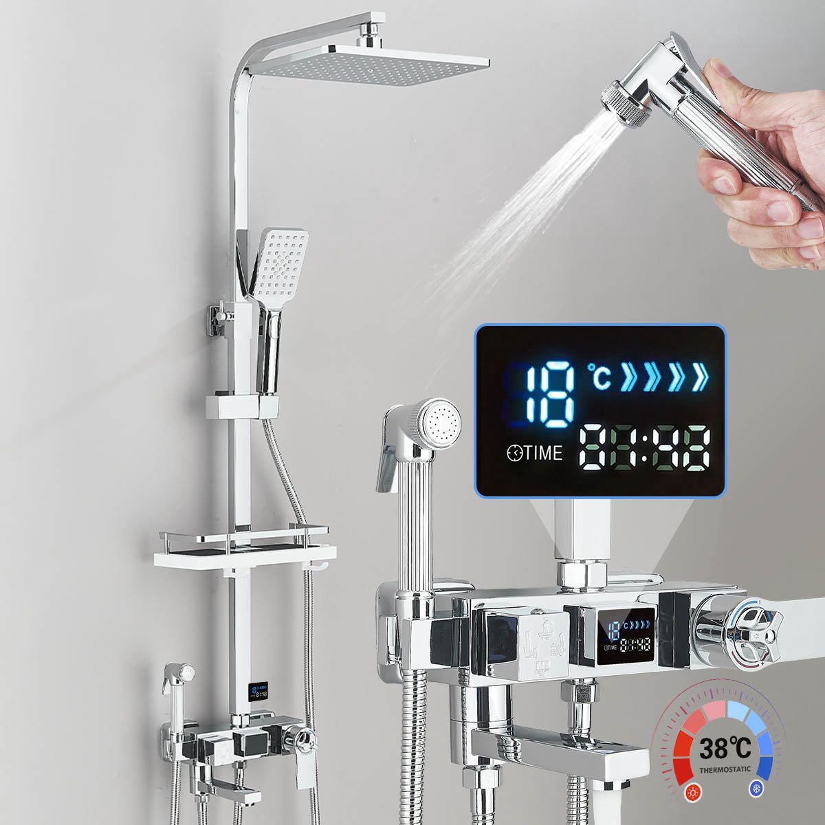 Chroom Thermostatische Doucheset met Digitaal Display, 4-in-1 Regen Douchekolom Multifunctionele Badkamer Sanitair